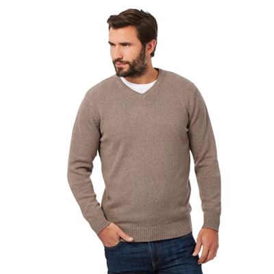 Big and tall fawn knitted v neck jumper